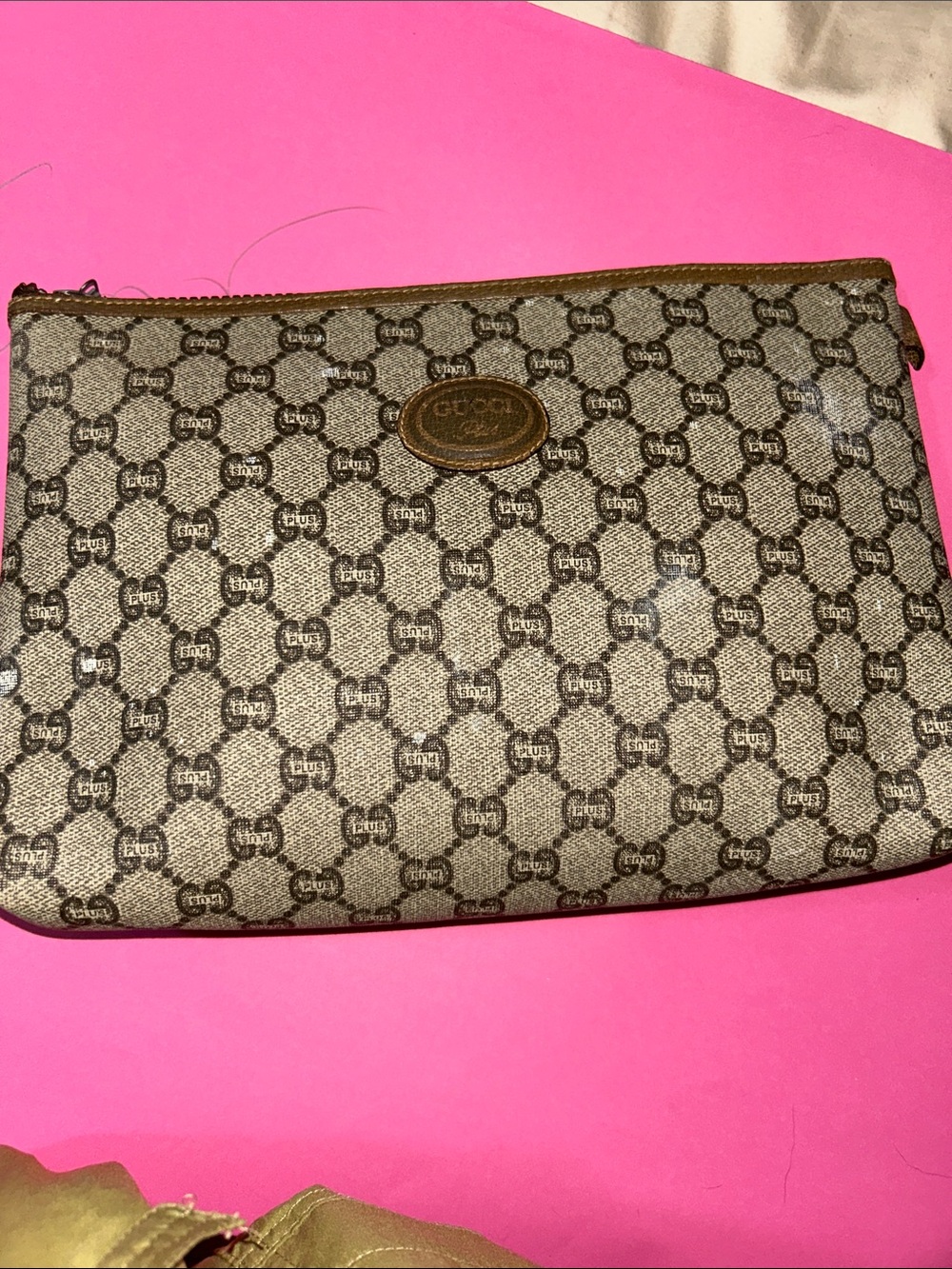 Gucci Beige and Brown Monogram Zip Pouch
